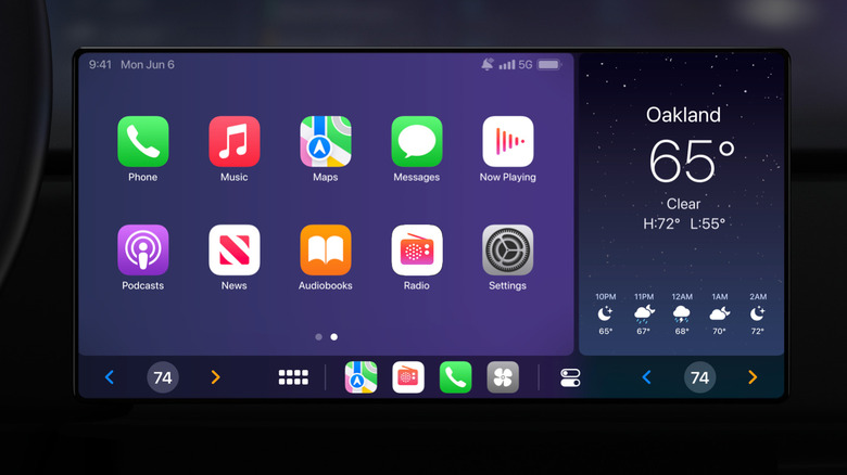 CarPlay dashboard with purple wallpaper