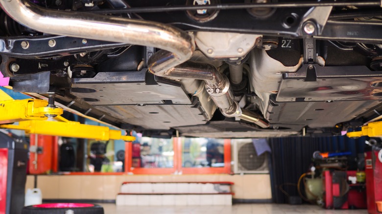 View of catalytic converter beneath car