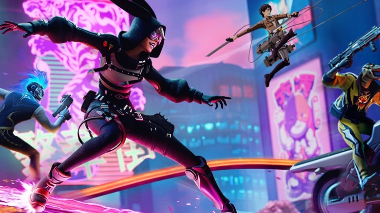 Characters flying in a futuristic Fortnite setting