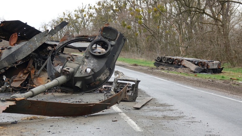 a destroyed tank in Ukraine