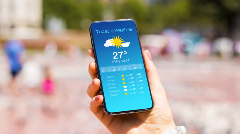 Weather app on smartphone held by woman