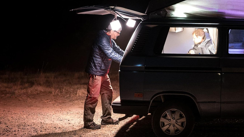 The BioLite Luci Charge hanging from a camper rear hatch.