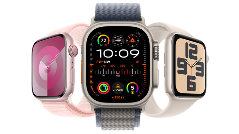 A trio of Apple Watches, each with varying bands