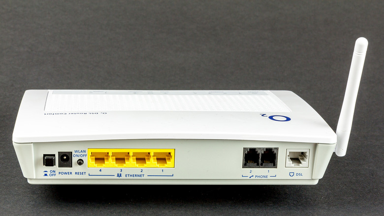 An older router viewed from behind with its ports visible
