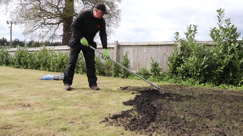 Stuart from Proper DIY refreshing his lawn with a compost layer