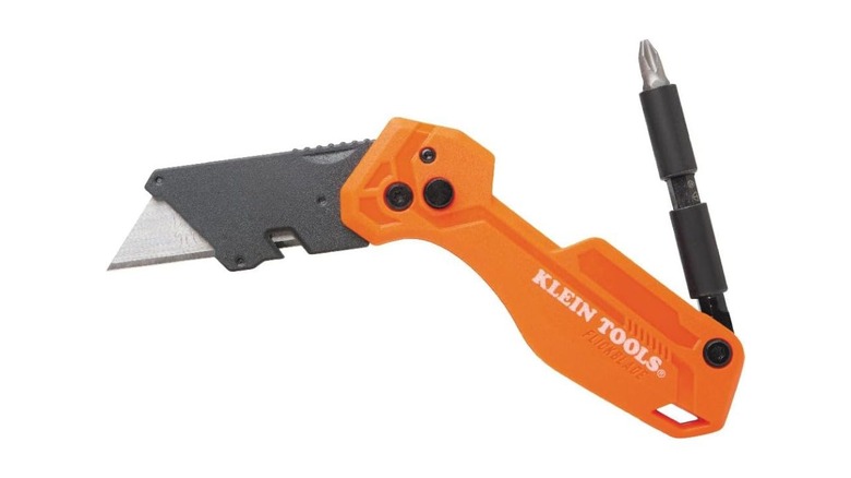 The Klein Tools FlickBlade Utility Knife with Removable Impact Driver on a white background