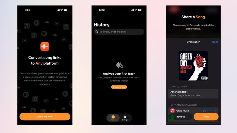 Crossfade iOS app screens for converting and sharing music links across platforms