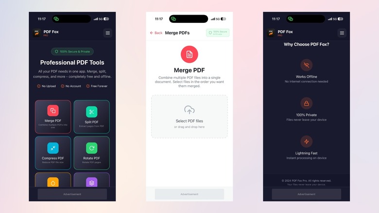 The home page, merge pdf option, and features of the PDF Fox iOS app