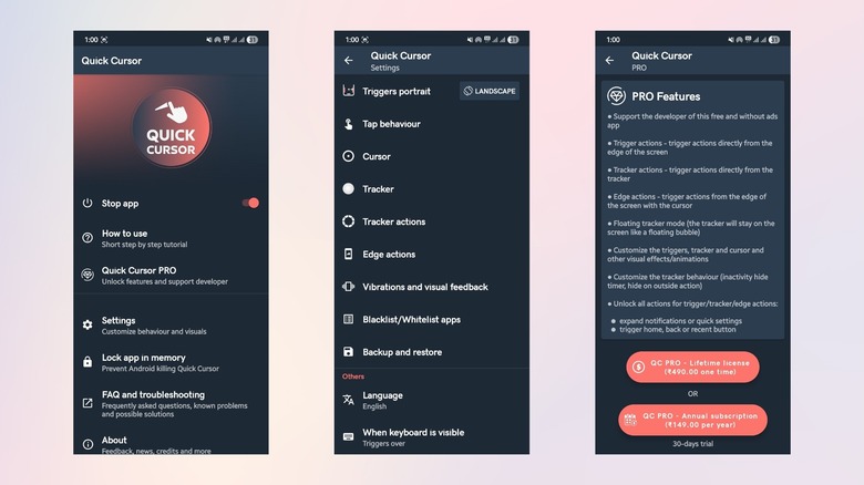 Different menu pages for the Quick Cursor Android app