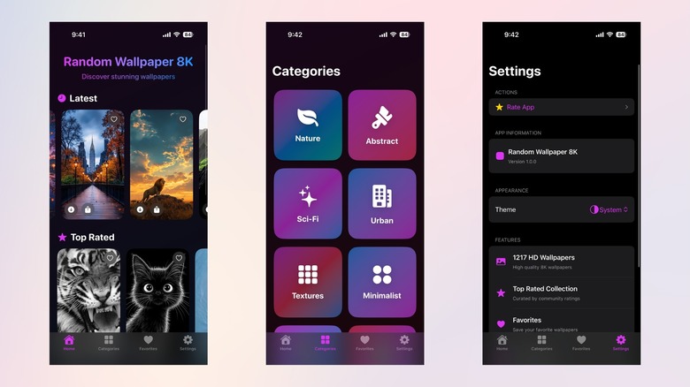Random Wallpaper 8K iOS app showing wallpaper feed, category tiles, and settings screen
