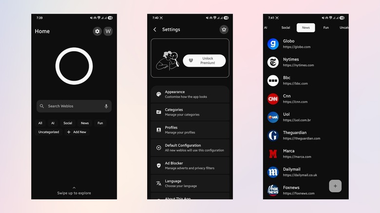 The home page, settings menu and the different categories of the Weblo web launcher app on Android