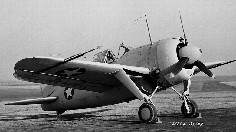 Brewster Buffalo F2A-2 black and white photo parked on tarmac