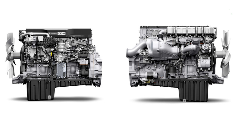 A silver Detroit DD16 engine, front and side view