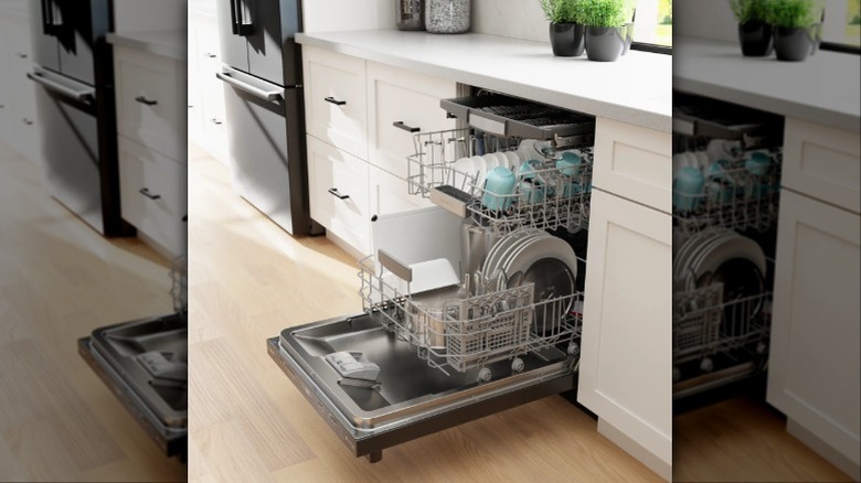 A Bosch 800 Series dishwasher open in a kitchen