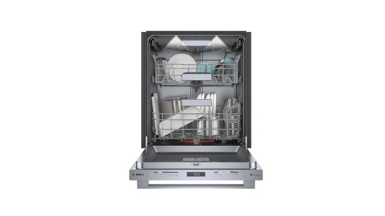 A Bosch dishwasher projecting its wash time on a floor