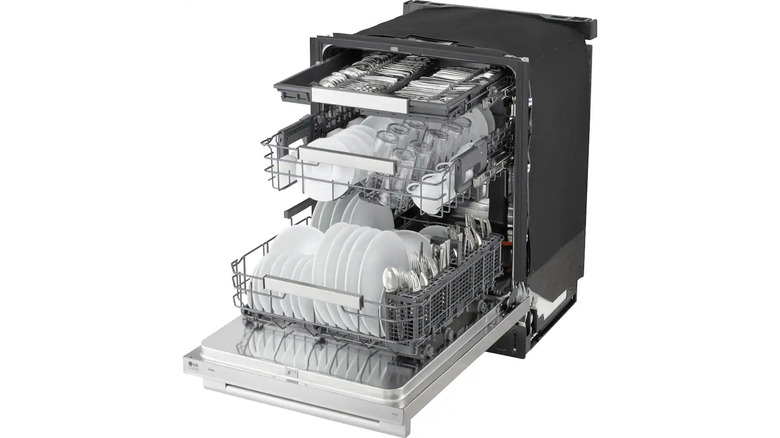 A three-rack LG dishwasher with the racks pulled out