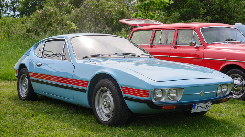 Volkswagen SP2 exhibited at a car show front 3/4 look