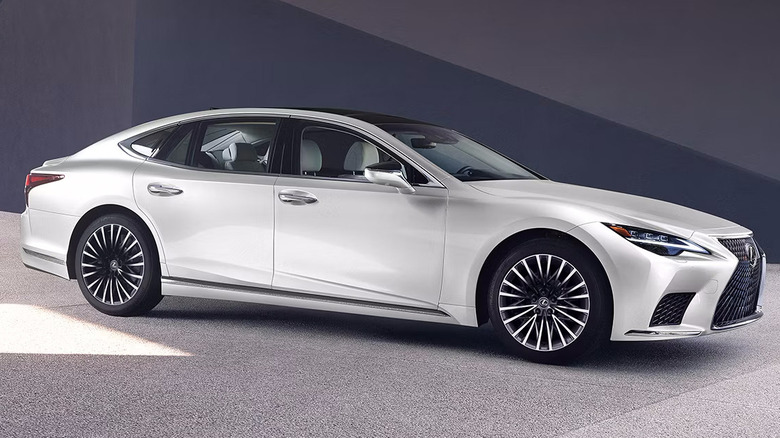 A white Lexus LS on display
