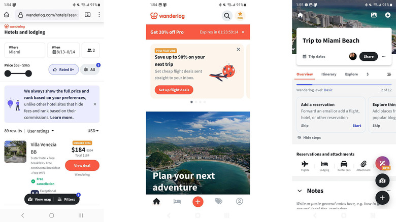 Wanderlog general UI screenshots