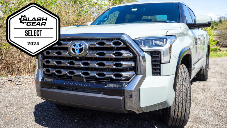 White 2024 Toyota Tundra Platinum front fascia with an Editor's Choice badge from MMtech Online