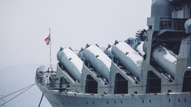 Russian naval vessel with snow