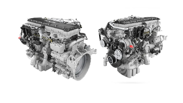 Two angled views of the MAN D38 diesel engine, displaying its silver housing, exposed turbo and intake systems, and intricate belt-driven accessories for use in heavy-duty trucks.