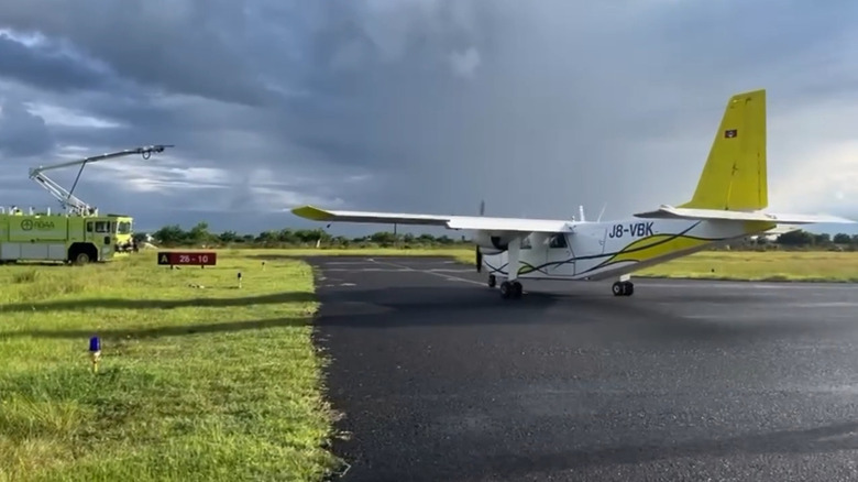 Plane departing on Barbuda Codrington Airport