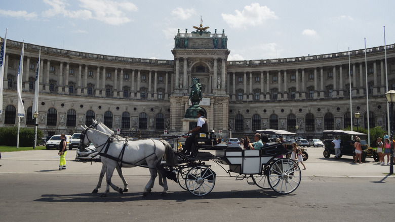 A fiaker seen against the old cityscape in Vienna, Austria