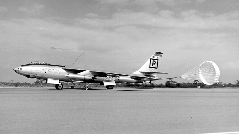 B47 bomber with drag chute deployed