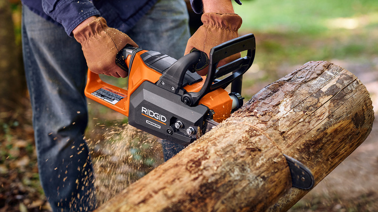 Ridgid chainsaw in use