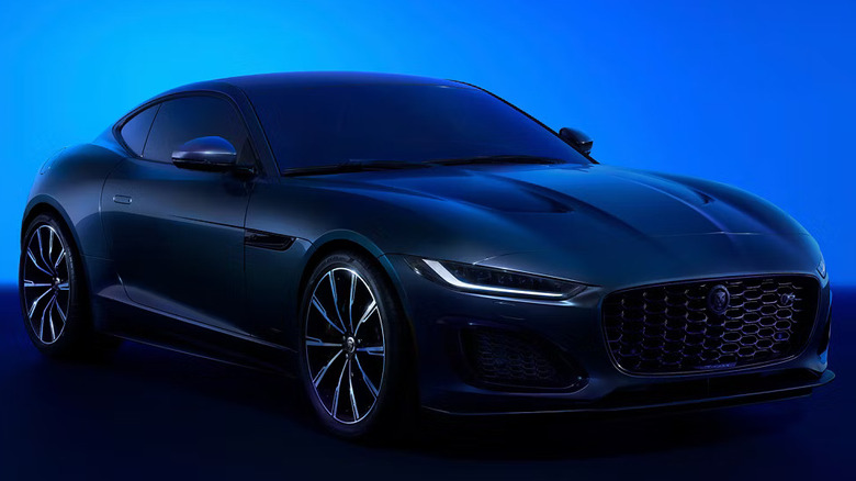 Front 3/4 view of a blue Jaguar F-Type promotional image
