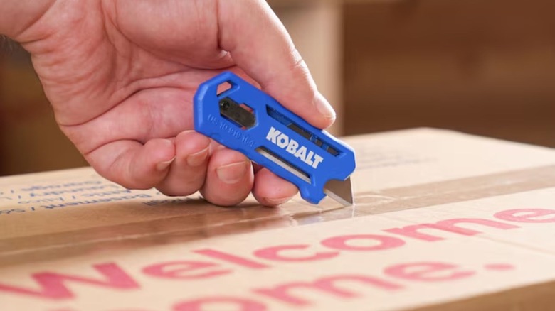 Kobalt Mini Utility Knife opening cardboard box