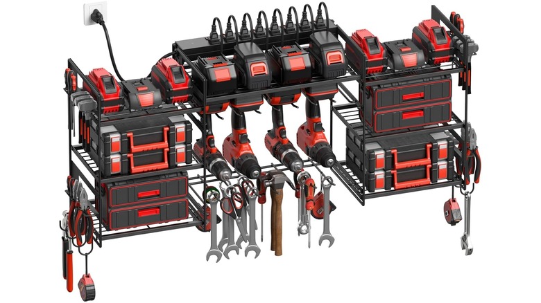Battery and Power Tool Storage Rack with Hand Tool Compatibility and Power Strip