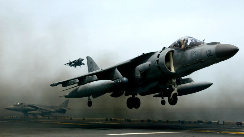 McDonnell Douglas AV-8B Harrier landing on aircraft carrier