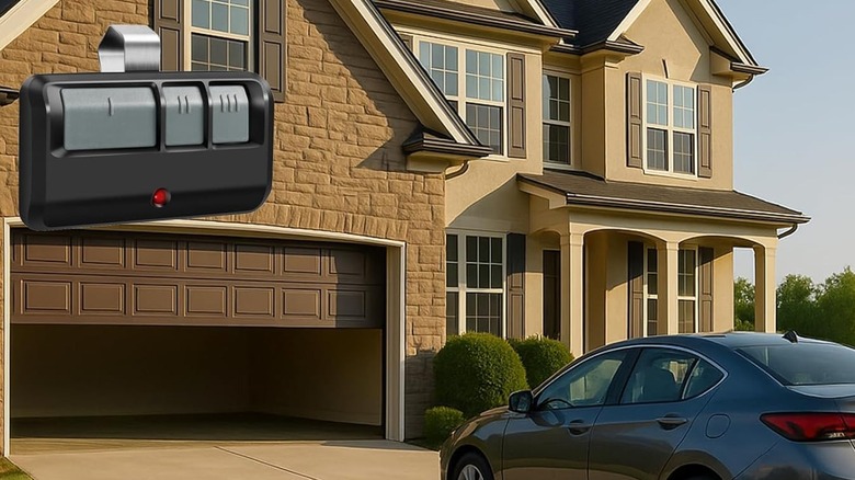 A garage door opening in front of a car.