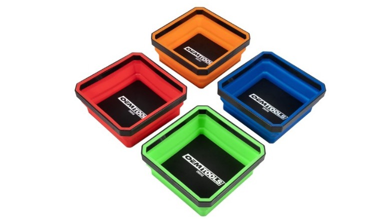 Red, orange, blue and green trays