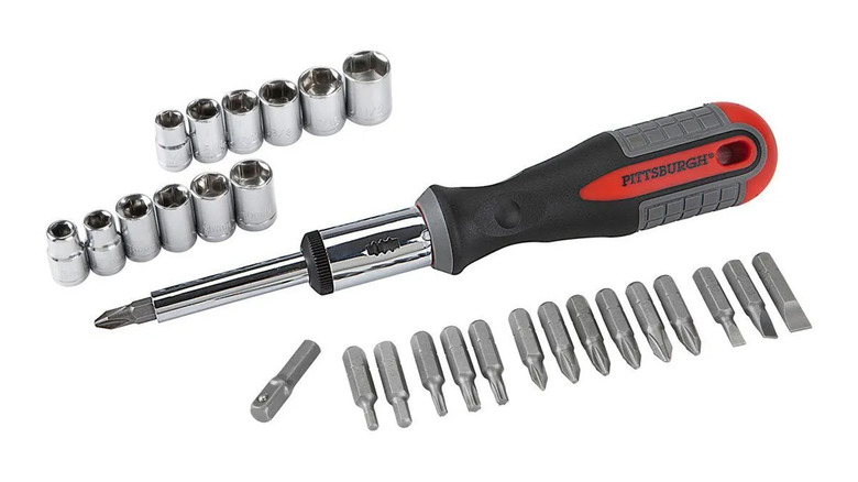 A screwdriver bit set featuring ratchet sockets and screwdriver bits.
