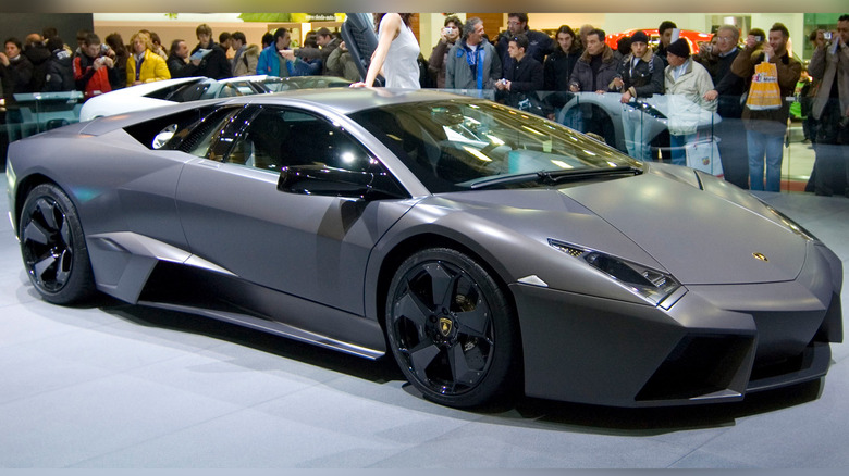A Lamborghini Reventón Coupe on display at an auto show