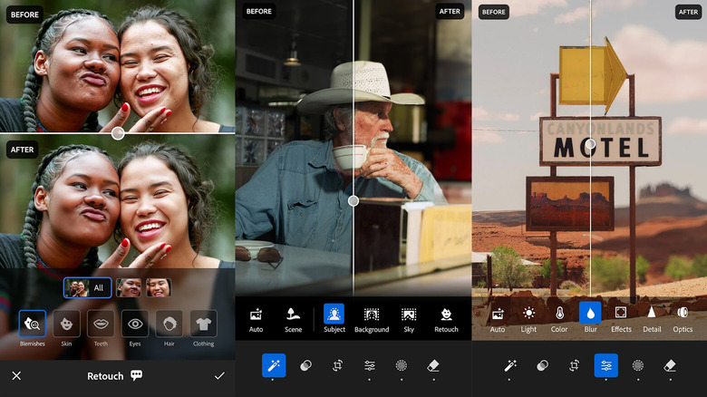 Three screenshots showing off Adobe Lightroom mobile