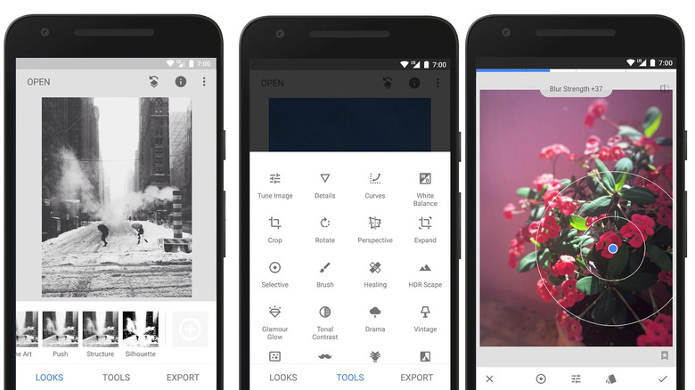 Three screenshots of Google's Snapseed photo editor