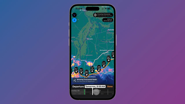 The Weather on the Way interface on Apple CarPlay in a car's display