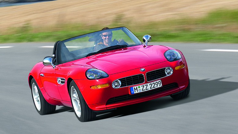 BMW Z8 driven at speed on an open road front 3/4 view