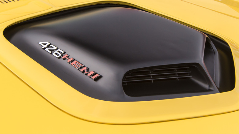 The hood scoop on a 1971 Dodge Challenger is equipped with the 426 Street Hemi engine.