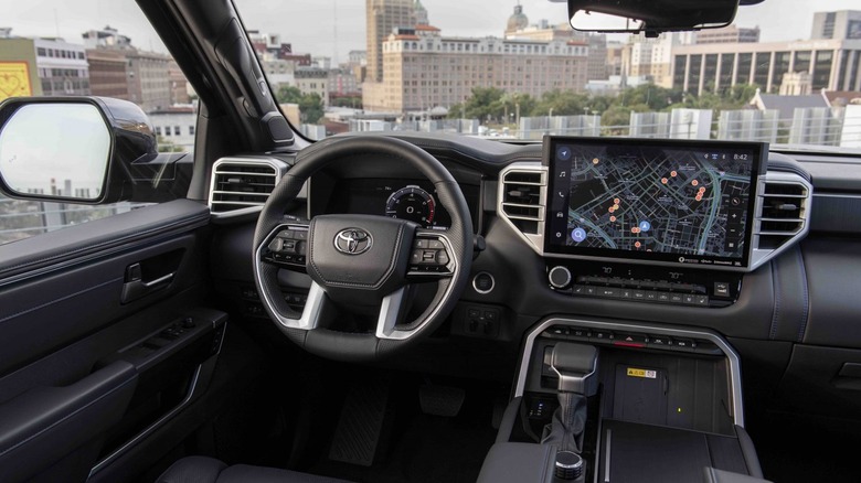 Toyota Tundra interior looking out onto a city