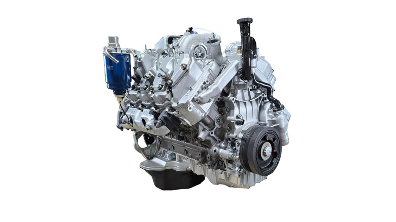 A 6.6L Duramax LML long block model c diesel crate engine on a white background.