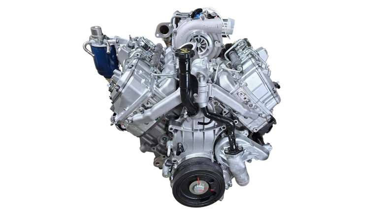 A 6.6L Duramax LML long block model c diesel crate engine on a white background.