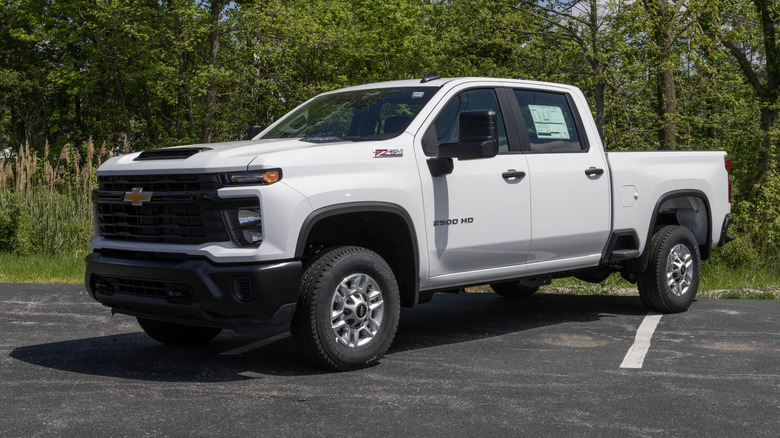 A white Chevy Silverado 2500HD WT, some models of which come with an LML Duramax engine.