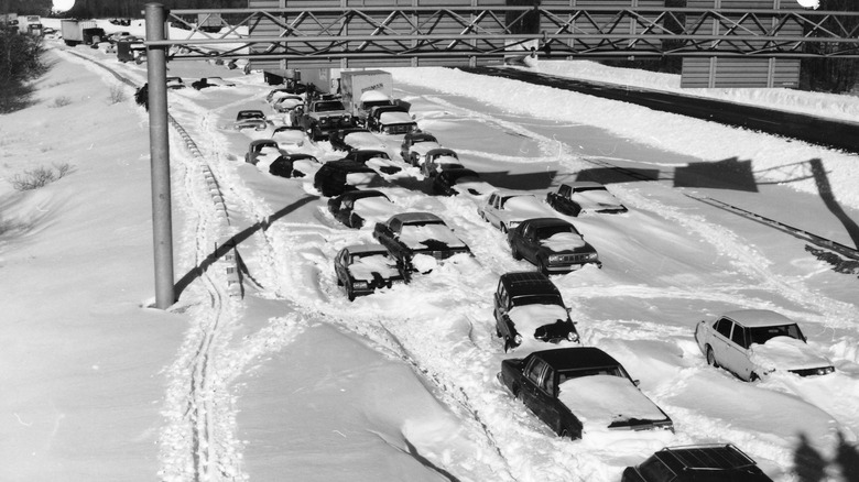 Cars stranded on Route 128 in Needham Massachusetts after the Blizzard of 1978