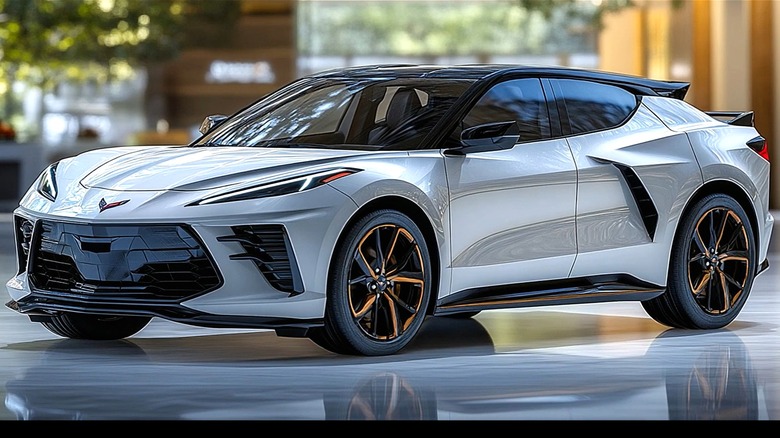 A futuristic white 2026 Chevrolet Corvette SUV sitting in a glassy showroom with some trees in the background.