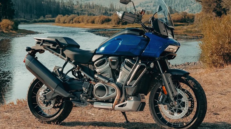 A blue Harley-Davidson Pan America 1250 Motorcycle